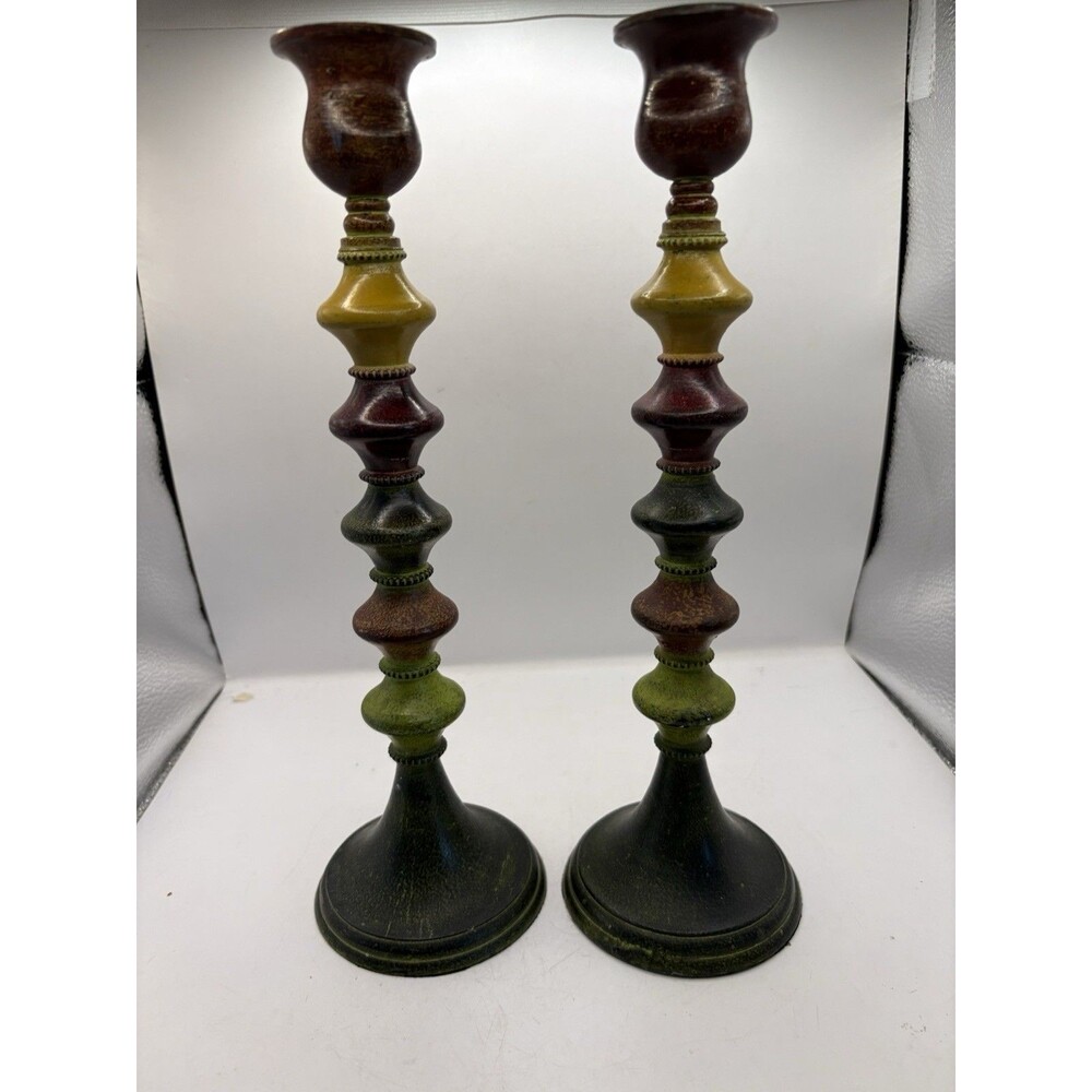 Pier 1  Set Of 2 Candlestick Stacked Multi Color Metal Boho 11” Tall